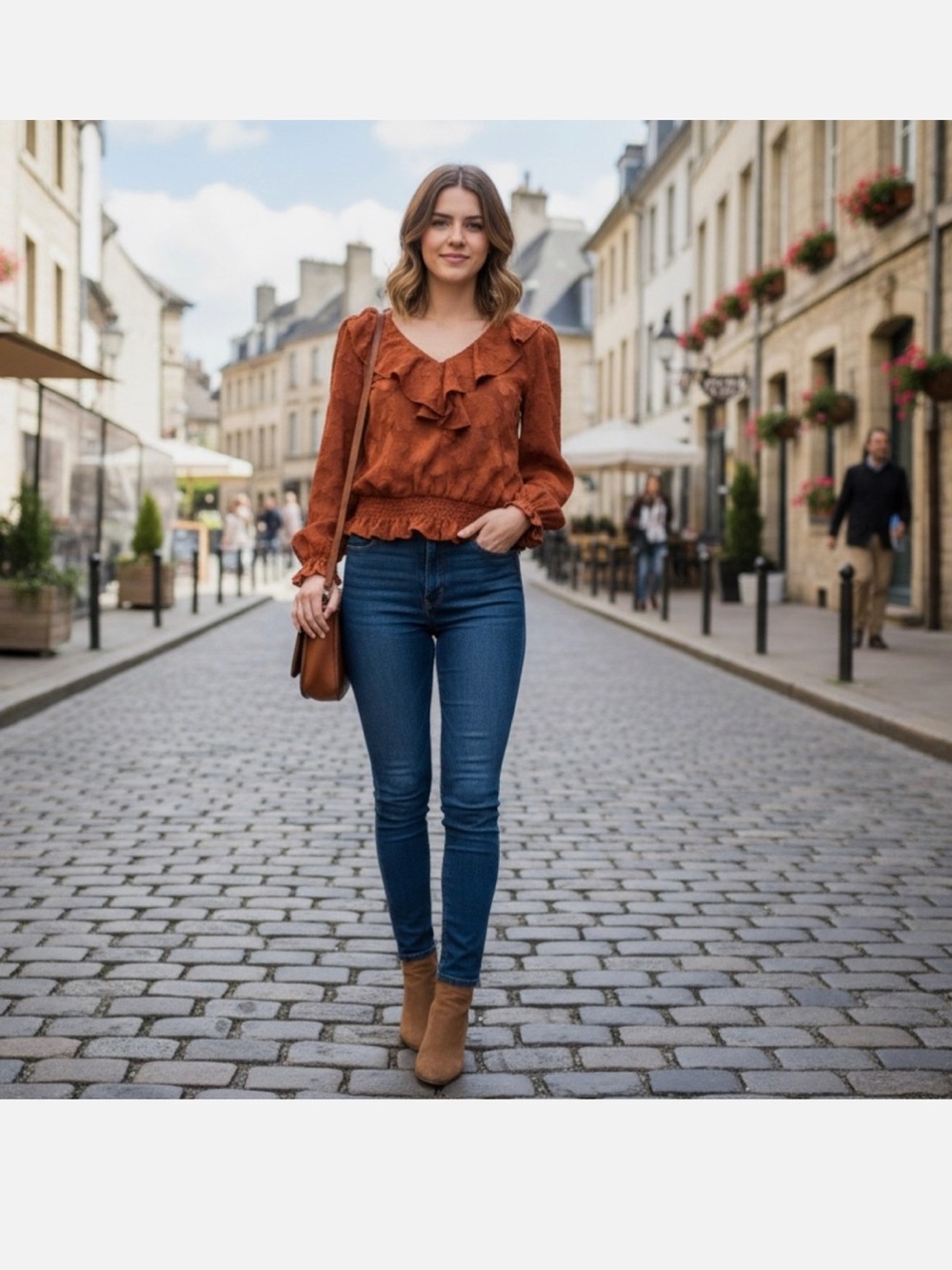 Anthropologie Textured Long Sleeve Floral Blouse in Crimson Rust Orange Sz M